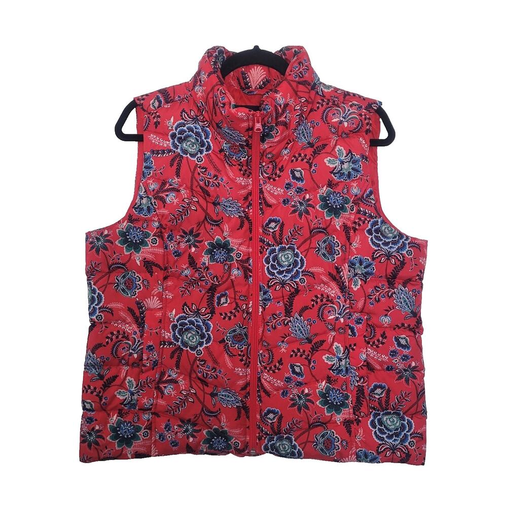 Lands End Floral Puffer Down Quilted Vest Size L Red Cottage Country Ranch